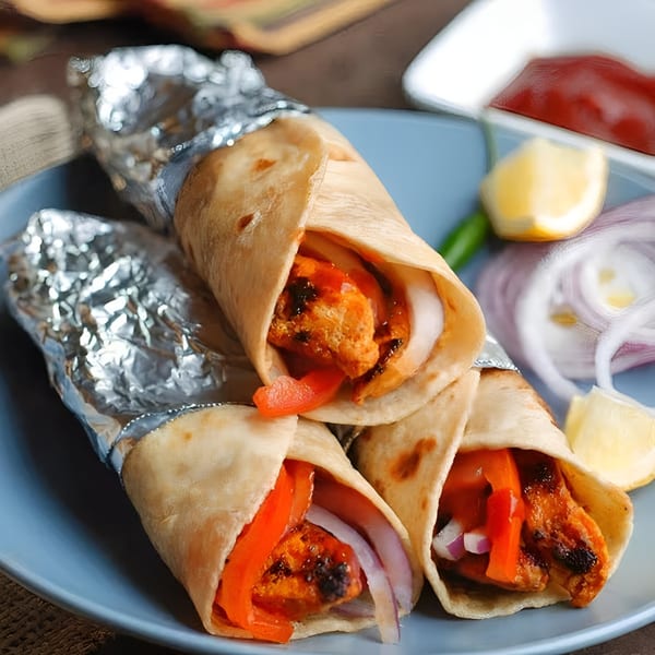Three Indian chicken tikka rolls with red peppers, onions, and lemon wedges on a blue plate.