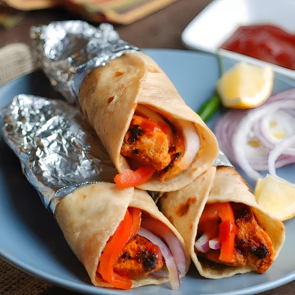 Three Indian chicken tikka rolls with red peppers, onions, and lemon wedges on a blue plate.