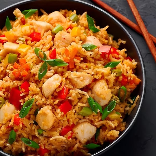 Close-up of chicken fried rice with colorful vegetables and green onions in a black bowl.