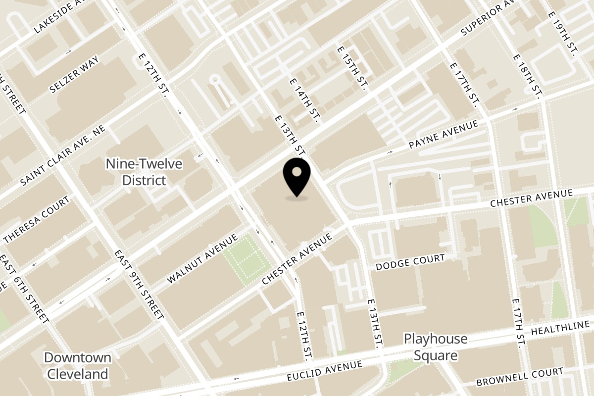 Map showing the location of The Great Indian Kitchen on 1701 E 12th St in Cleveland
